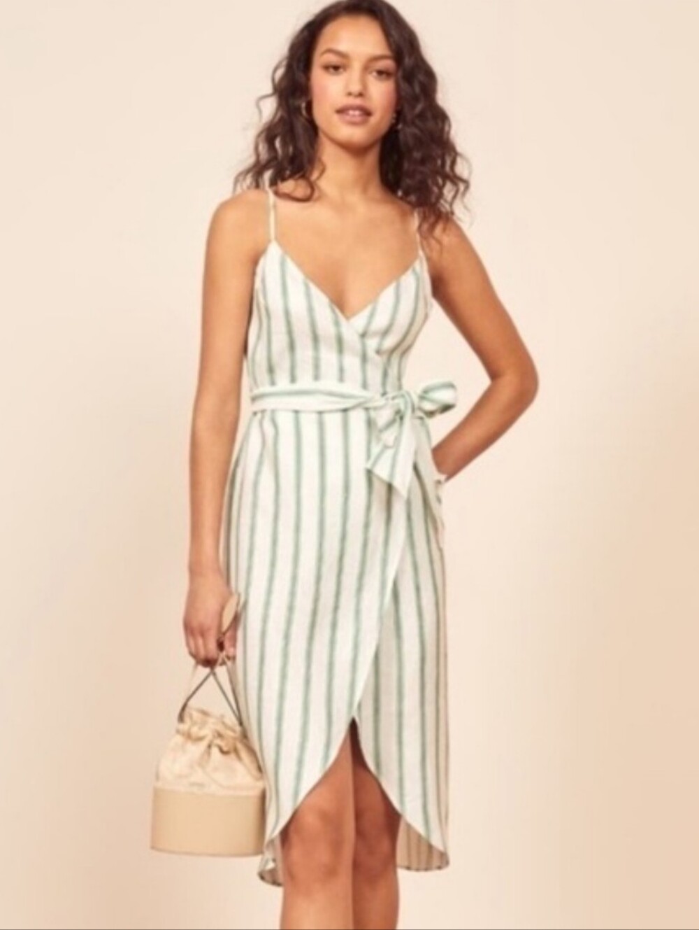{Reformation} Court Linen Dress with Green Stripes - Large